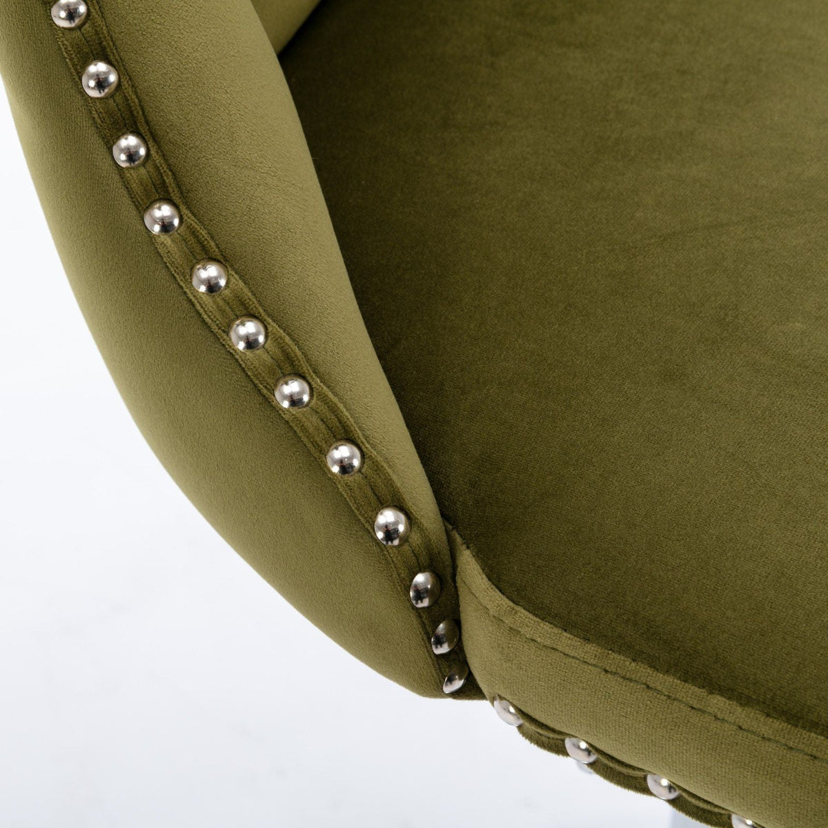 Swivel adjustable-height barstool set in olive green upholstery with silver stud trim, 2-pack on Tampa Home & Garden Store
