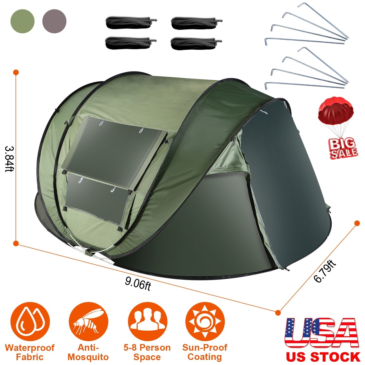 GemGear 3-4 Person Pop-Up Tent green automatic setup, waterproof fabric, 2 net windows on Tampa Home & Garden Store