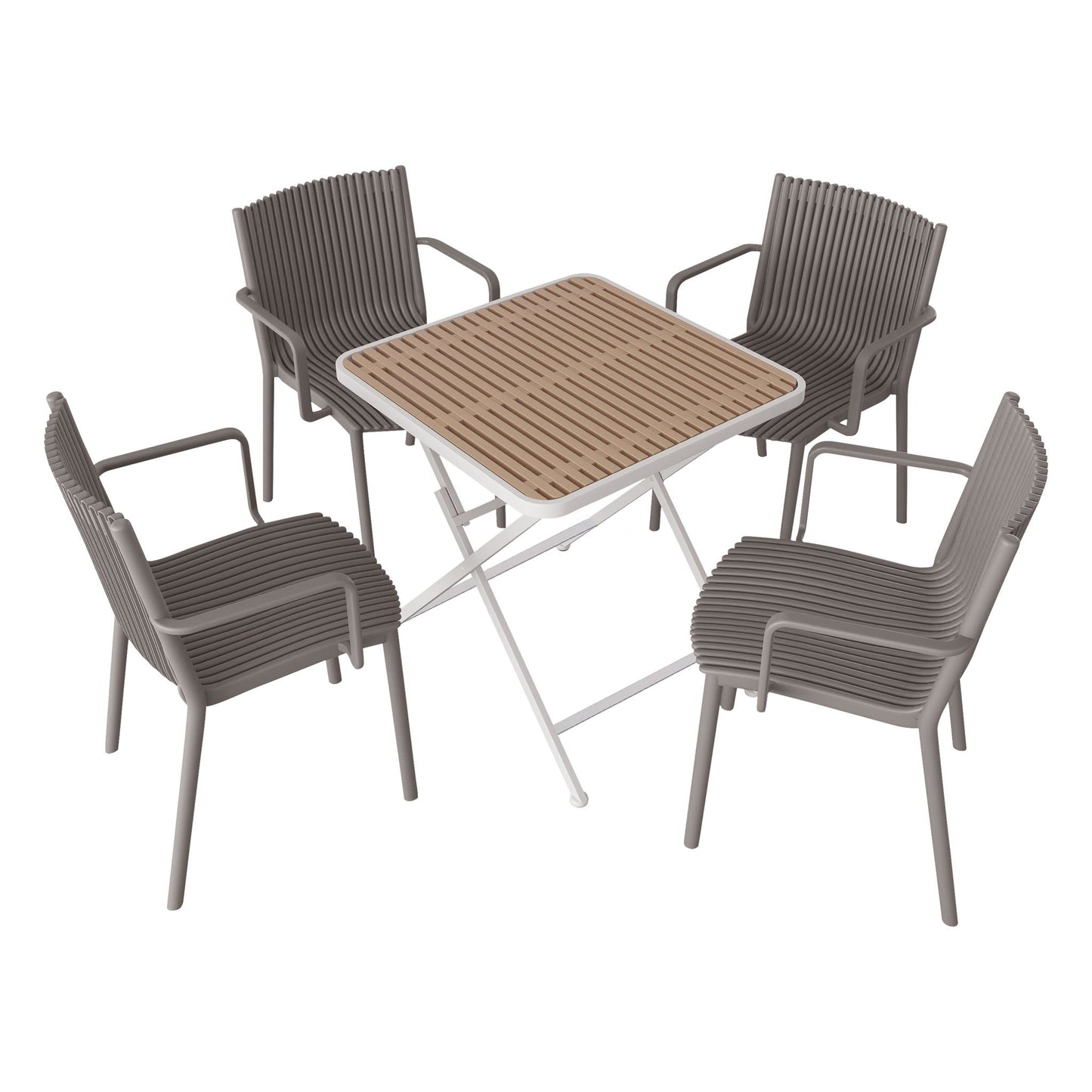 4 modern stackable plastic armchairs with folding square table grey 5-piece outdoor set on Tampa Home & Garden Store