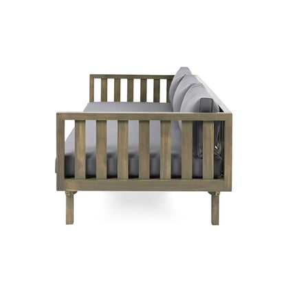 Claremont 3 Seater Daybed in teak-acacia wood with grey water-resistant cushions on Tampa Home & Garden Store