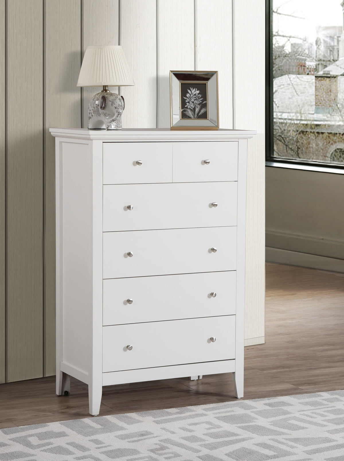 Chest with real wood veneers and nickel hardware, white finish accent chest with silver knobs on Tampa Home & Garden Store