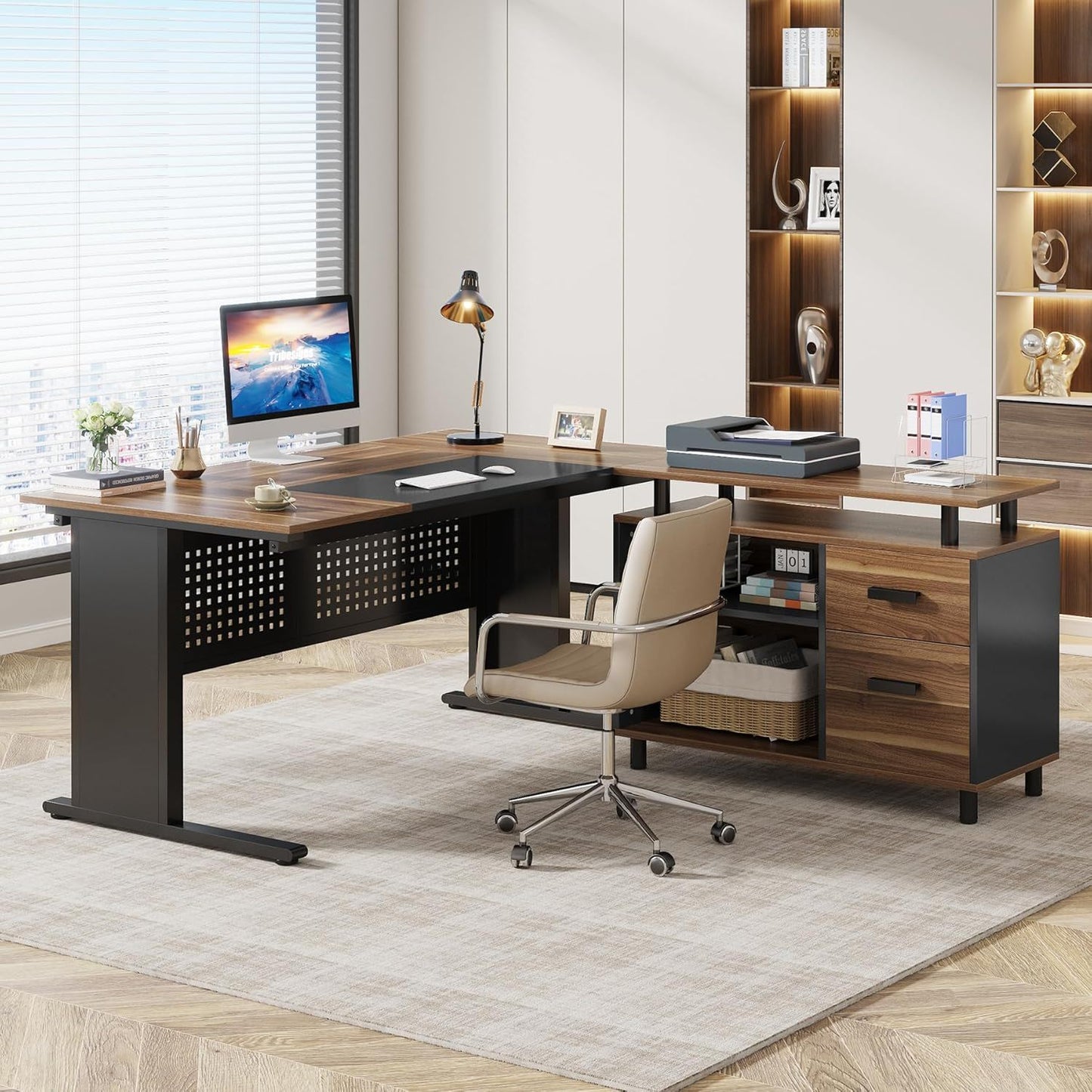 L-shaped executive desk with filing cabinet and drawers, wood top and dark metal legs HouseOfZazla on Tampa Home & Garden Store