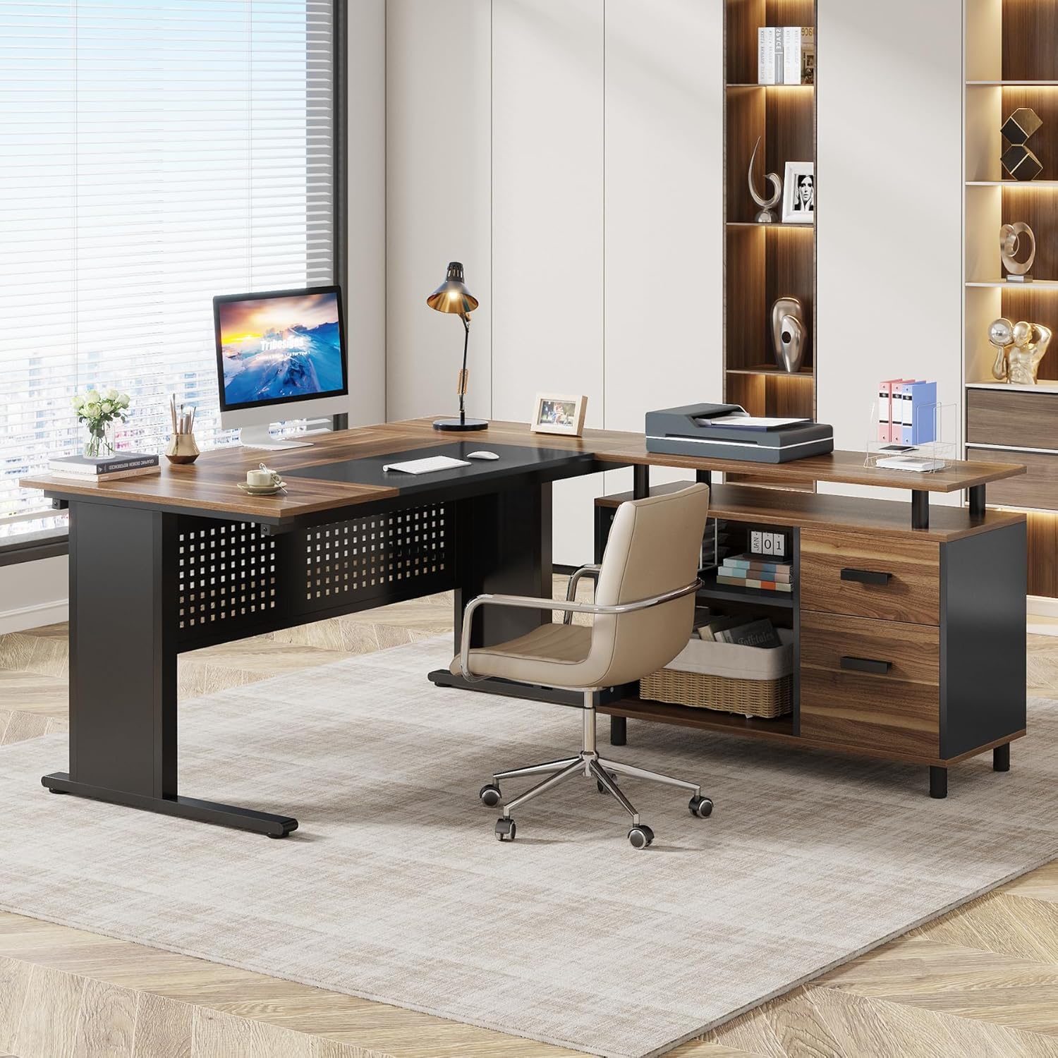 L-shaped executive desk with filing cabinet and drawers, wood top and dark metal legs HouseOfZazla on Tampa Home & Garden Store