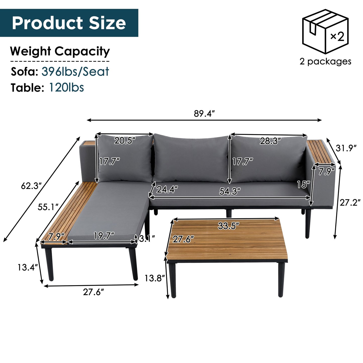 L Shaped Acacia Wood Outdoor Patio Sofa and Table