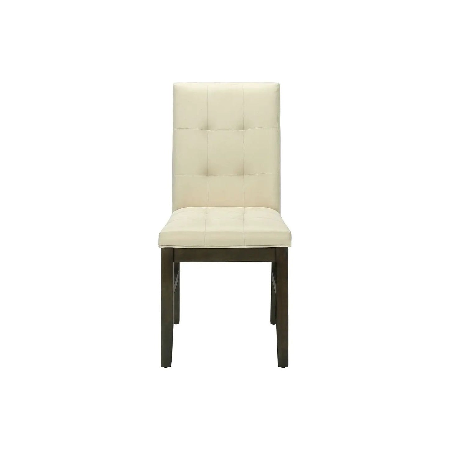Dining chair upholstered in cream fabric with tall tufted back and dark wood legs on Tampa Home & Garden Store