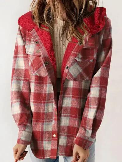 Plaid Snap Down Plush Hooded Jacket Women Warm