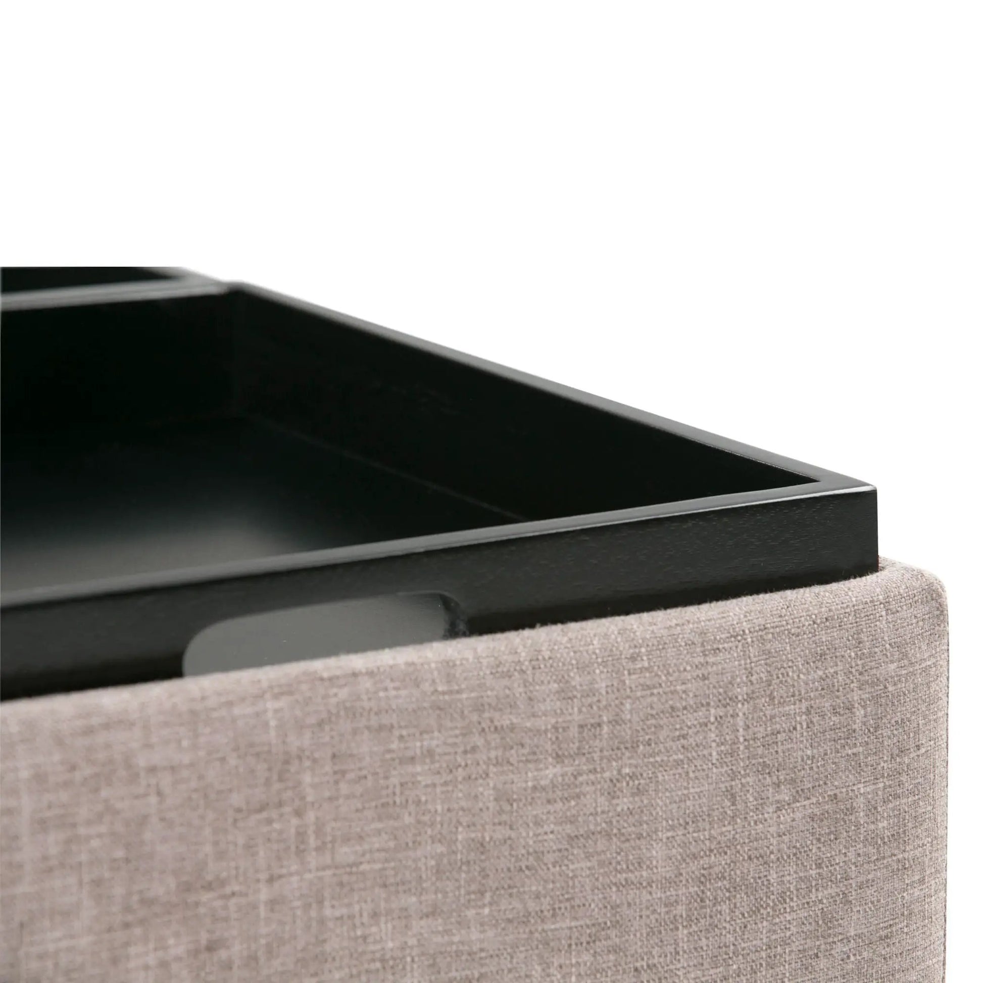 Avalon square coffee table storage ottoman with black glossy top and beige fabric base on Tampa Home & Garden Store
