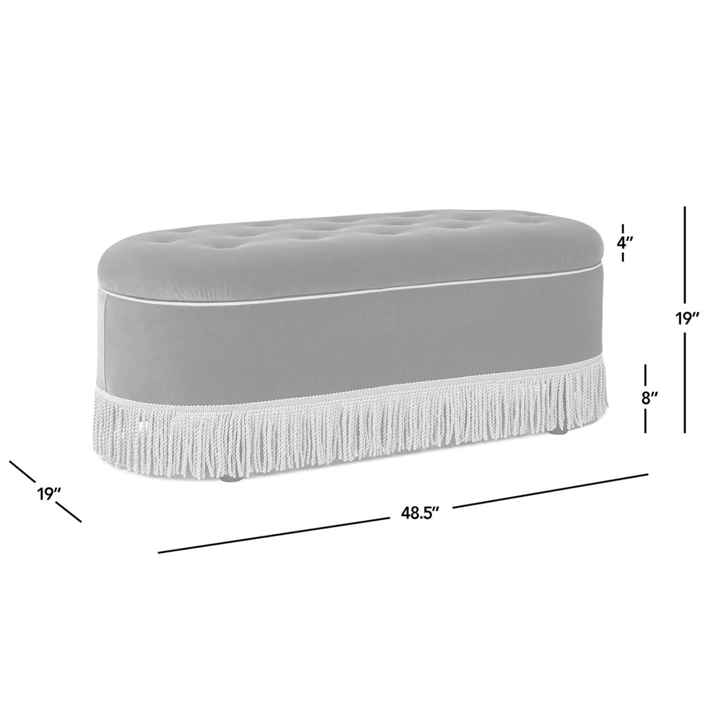 Melinda oval tufted bullion fringe storage bench in gray upholstery by HouseOfZazla on Tampa Home & Garden Store