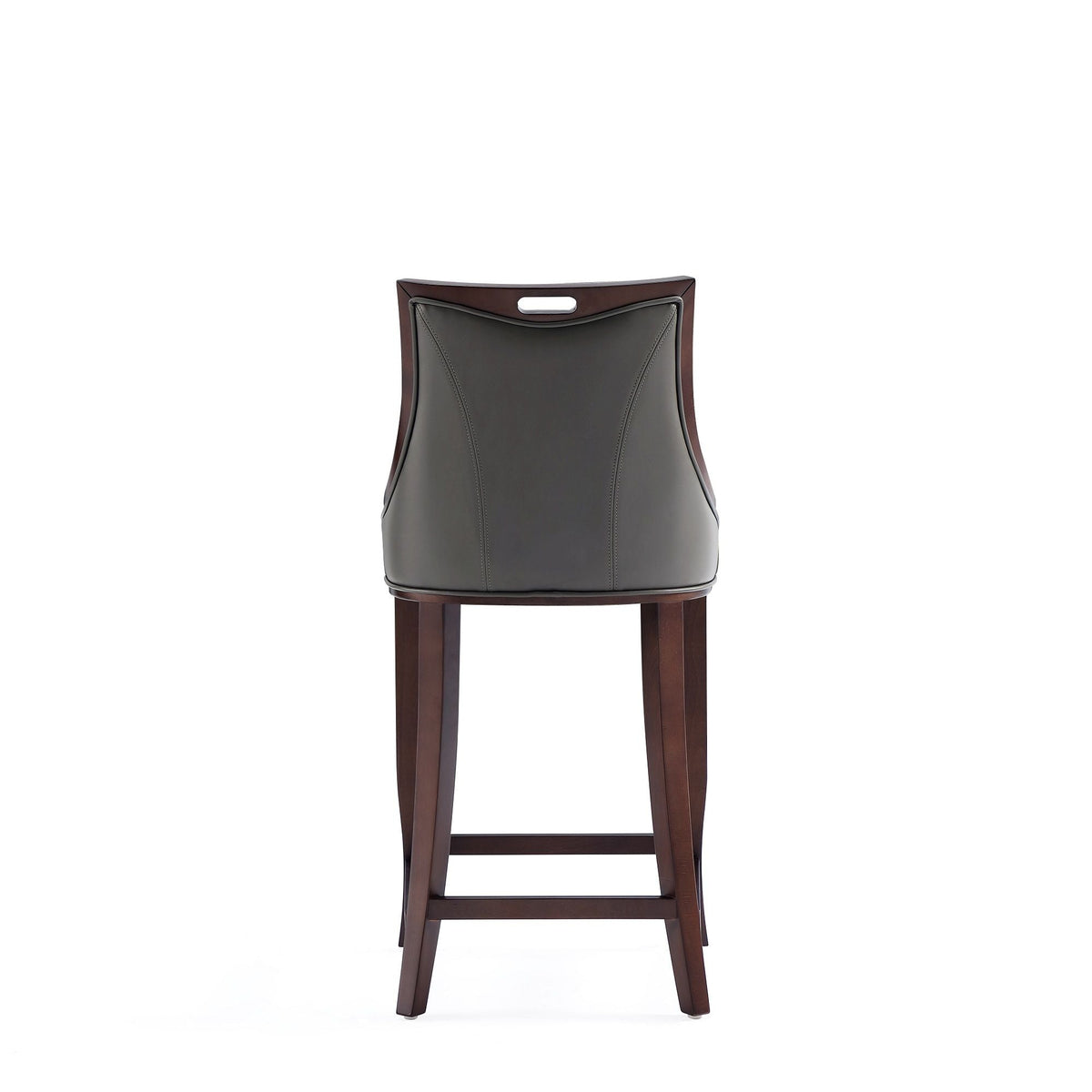 Emperor bar height barstool with backrest in gray leather, solid wood frame seen from rear on Tampa Home & Garden Store