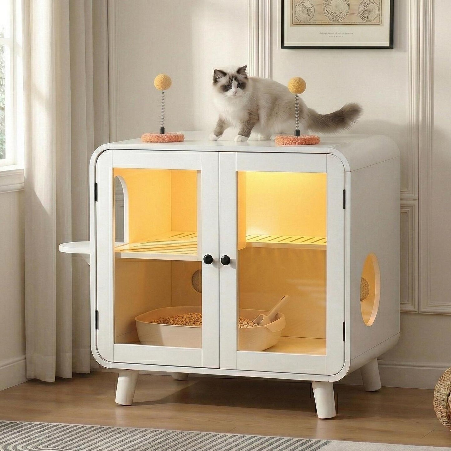 Cat Hidden Litter Box Enclosure with RGB LED Light white modern cabinet with warm interior on Tampa Home & Garden Store