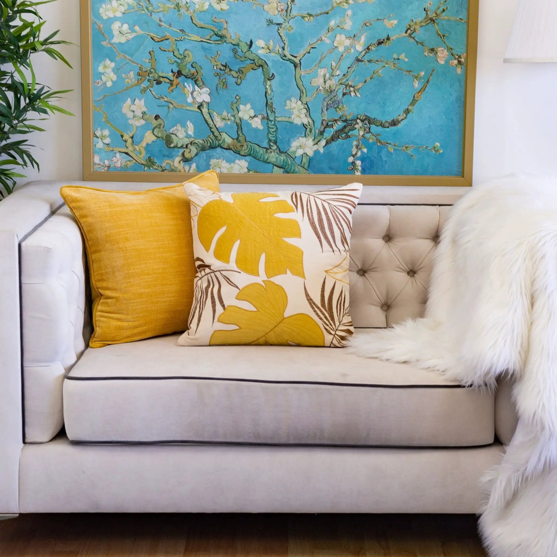 Autumn Vibes Leaf Accent Pillow mustard gold leaf print on beige sofa by Unique Piece Furniture on Tampa Home & Garden Store