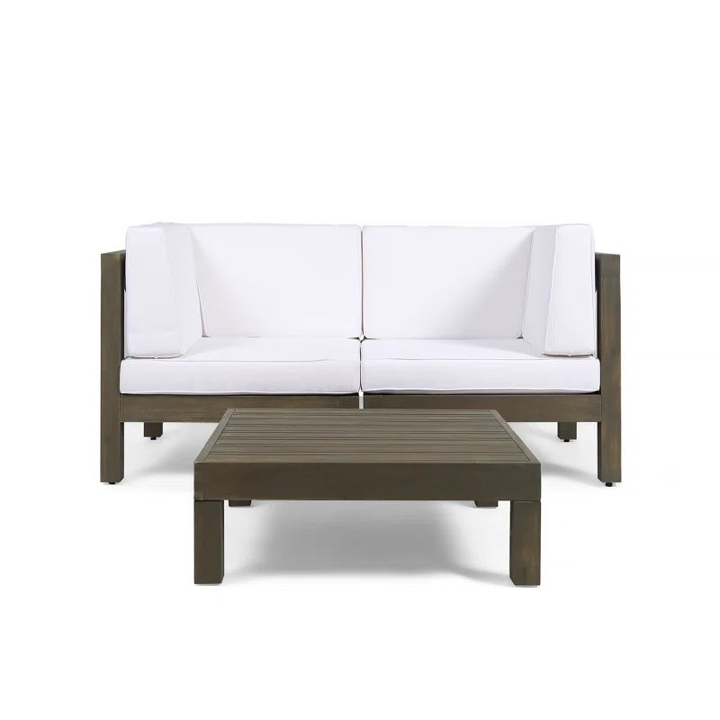 Oana 3 Piece Acacia Wood Outdoor Seating Set with white cushions loveseat and coffee table by HouseOfZazla on Tampa Home & Garden Store