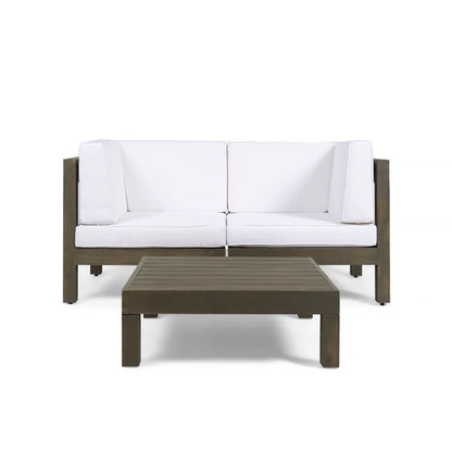 Oana 3 Piece Acacia Wood Outdoor Seating Set with white cushions loveseat and coffee table by HouseOfZazla on Tampa Home & Garden Store