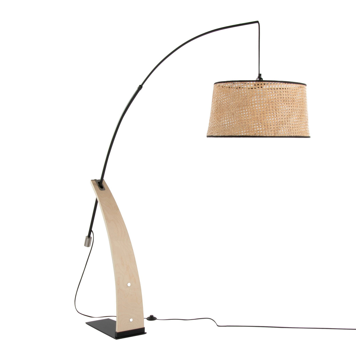 Robyn mid-century modern floor lamp by HouseOfZazla with curved black arc and woven rattan shade on Tampa Home & Garden Store