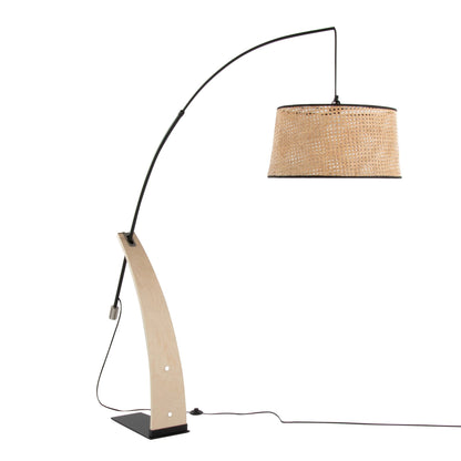 Robyn mid-century modern floor lamp by HouseOfZazla with curved black arc and woven rattan shade on Tampa Home & Garden Store