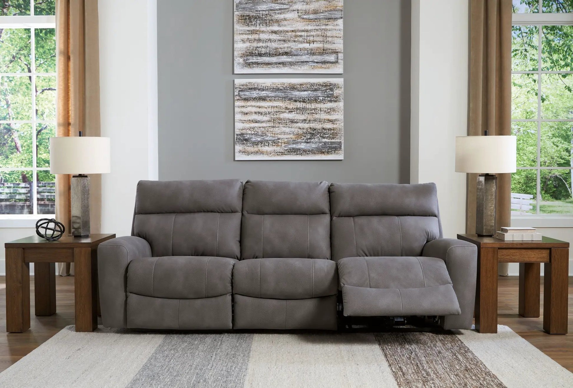 Next-Gen Durapella reclining sectional gray fabric with plush cushions on Tampa Home & Garden Store