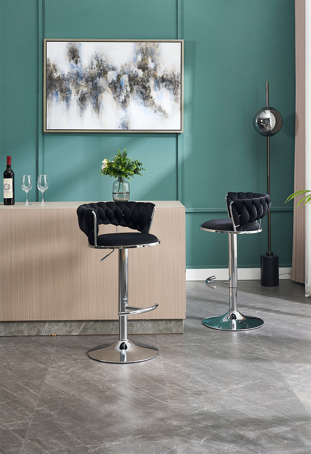 Modern set of 2 bar stools with black tufted foam seats and chrome pedestal bases on Tampa Home & Garden Store