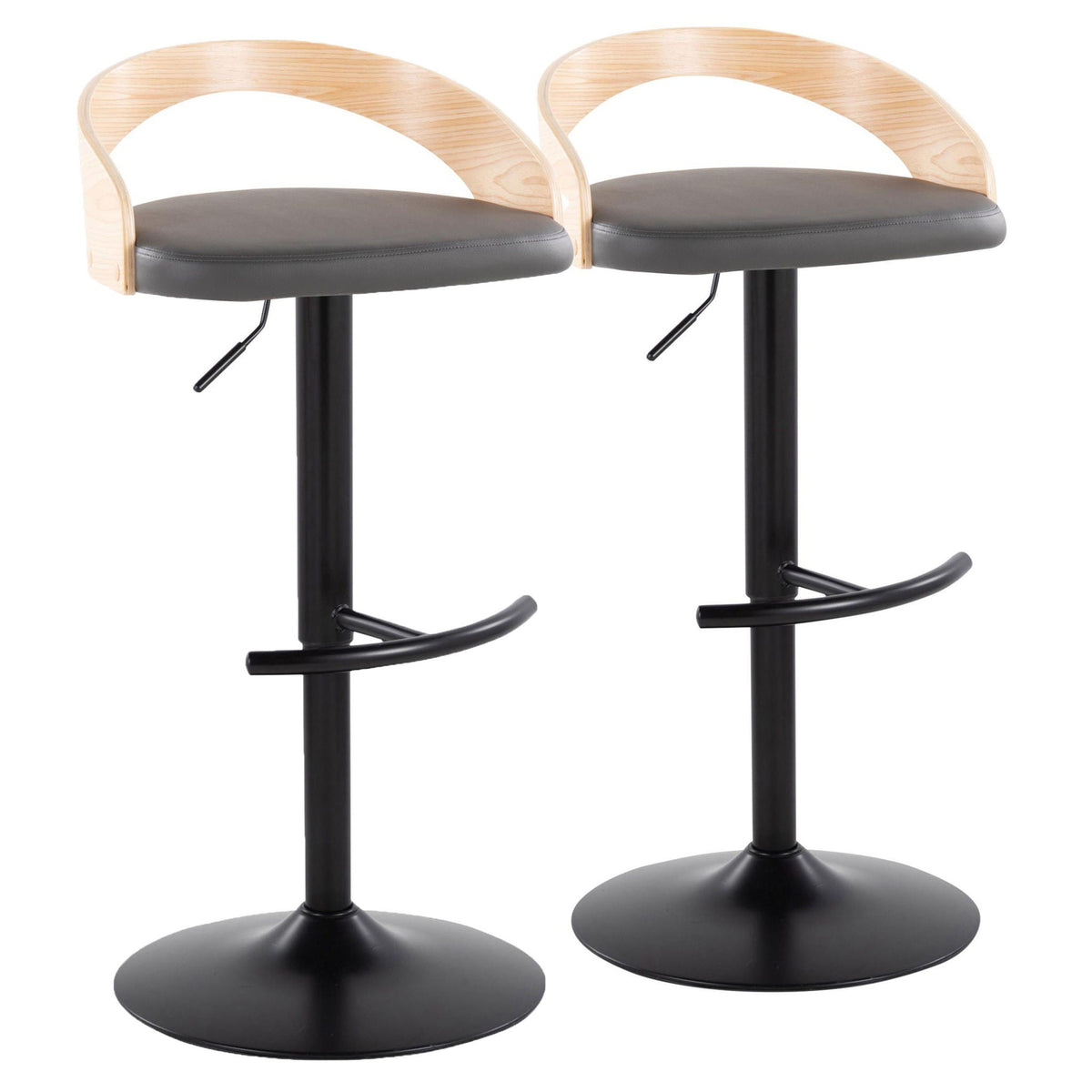 Adjustable Swivel Barstool Set with Cushion, 2 black stools with gray cushions and wood backs on Tampa Home & Garden Store