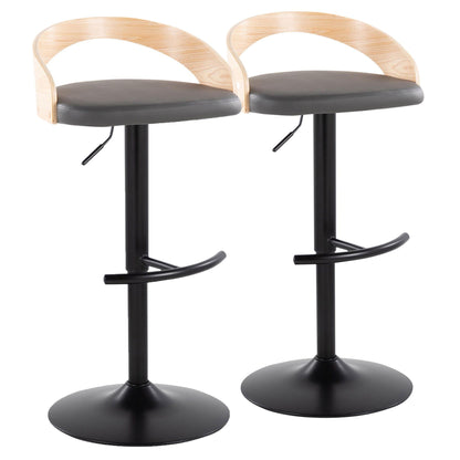 Adjustable Swivel Barstool Set with Cushion, 2 black stools with gray cushions and wood backs on Tampa Home & Garden Store