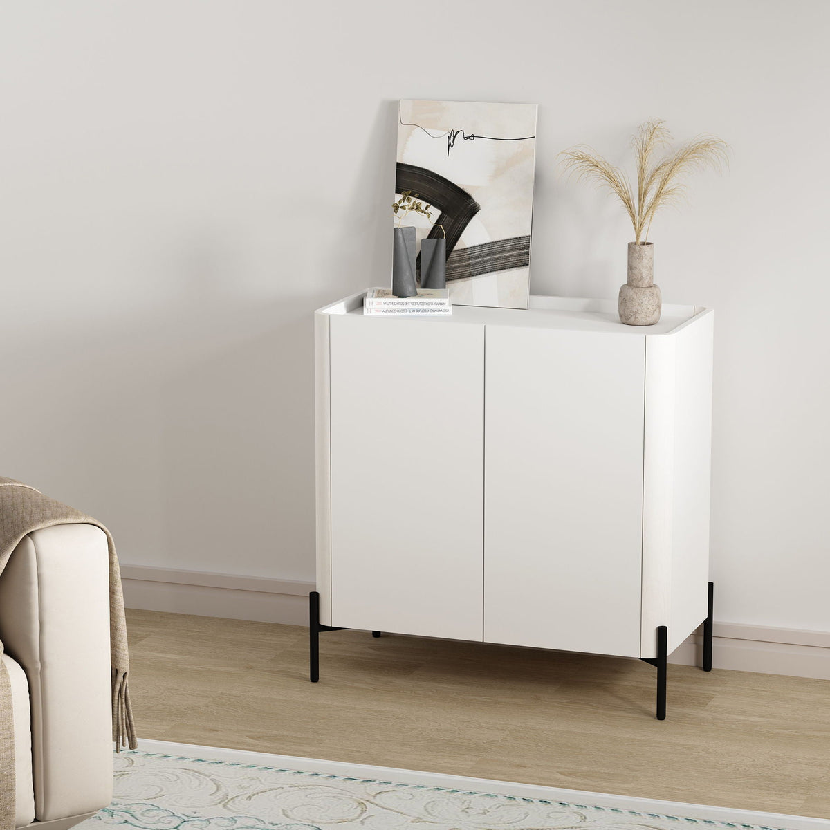 Abbey Accent Cabinet white finish with rounded edges and black metal legs minimalist style on Tampa Home & Garden Store