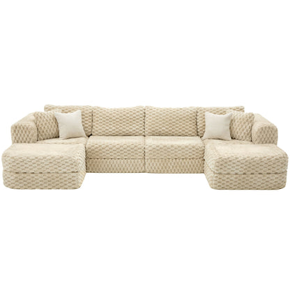 Modular sectional sofa beige textured knit with 2 movable ottomans HouseOfZazla on Tampa Home & Garden Store