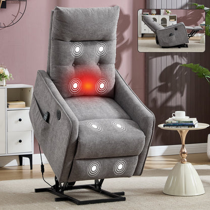 HouseOfZazla Comfortmax single motor lift recliner chair in gray fabric with massage indicators on back and lumbar on Tampa Home & Garden Store