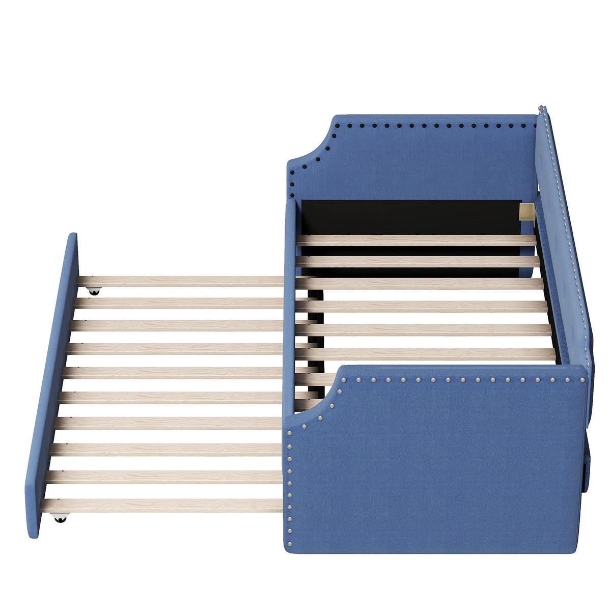 Upholstered daybed with trundle in blue fabric, nailhead trim, wood slat base HouseOfZazla on Tampa Home & Garden Store