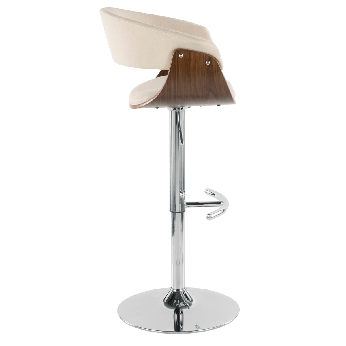 Mid-century modern beige barstool with wood back, swivel and chrome pedestal base on Tampa Home & Garden Store