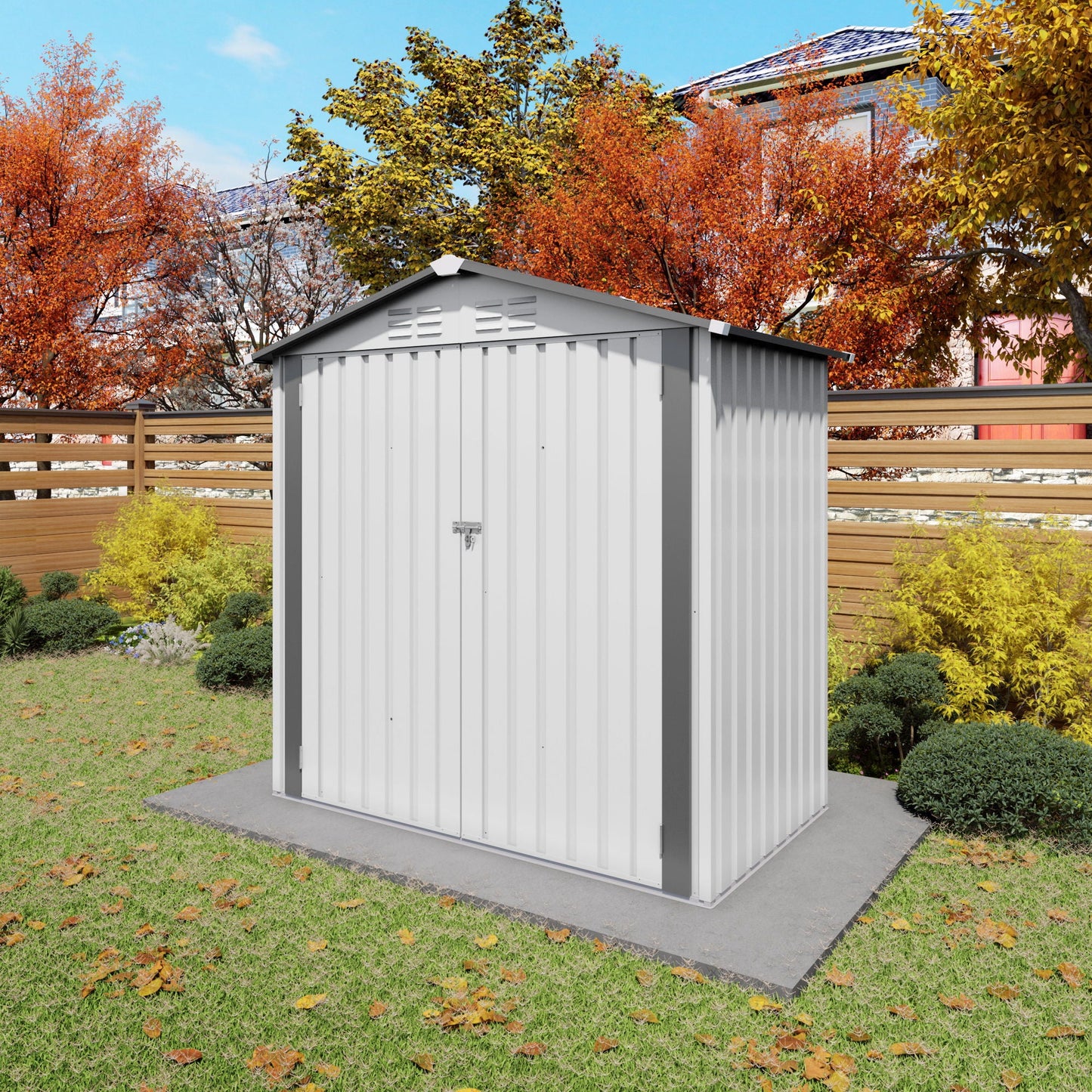 Gray metal garden tool shed with peaked roof, waterproof and lockable door HouseOfZazla on Tampa Home & Garden Store