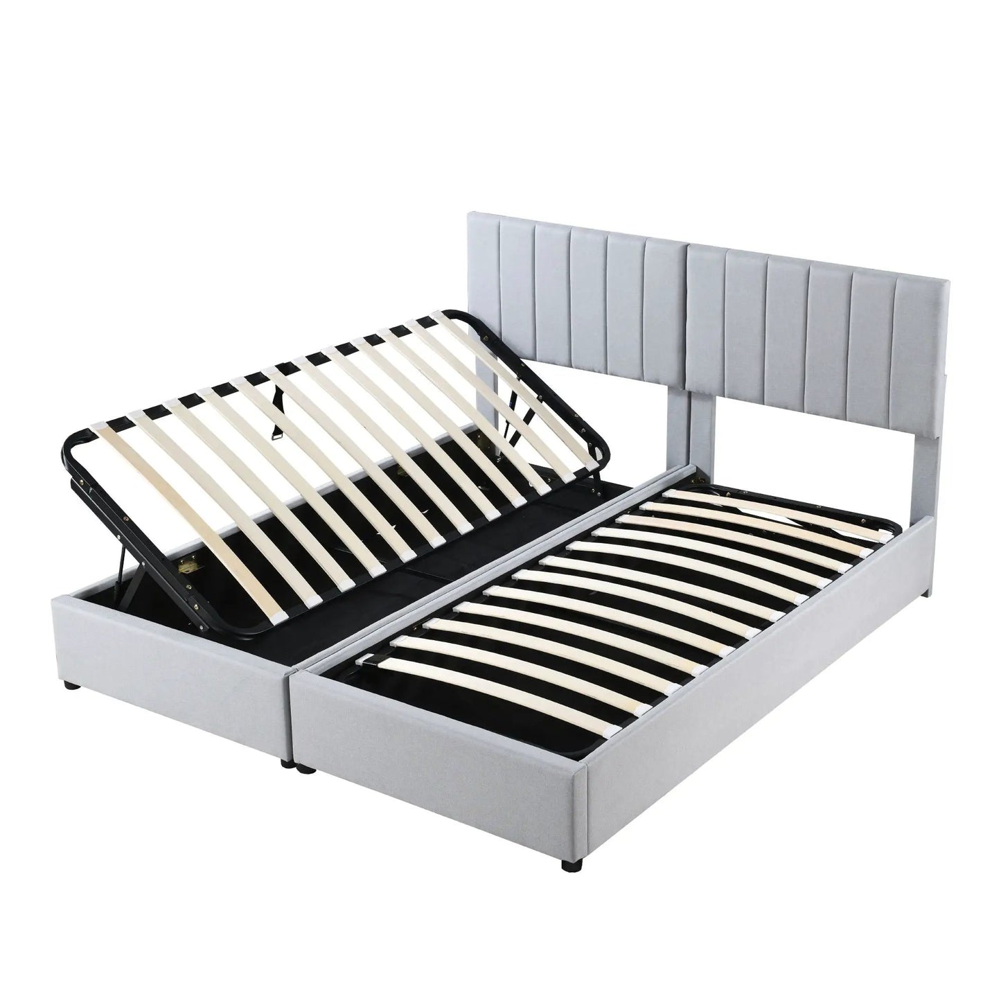 Upholstered platform storage bed with hydraulic lift, light gray headboard on Tampa Home & Garden Store