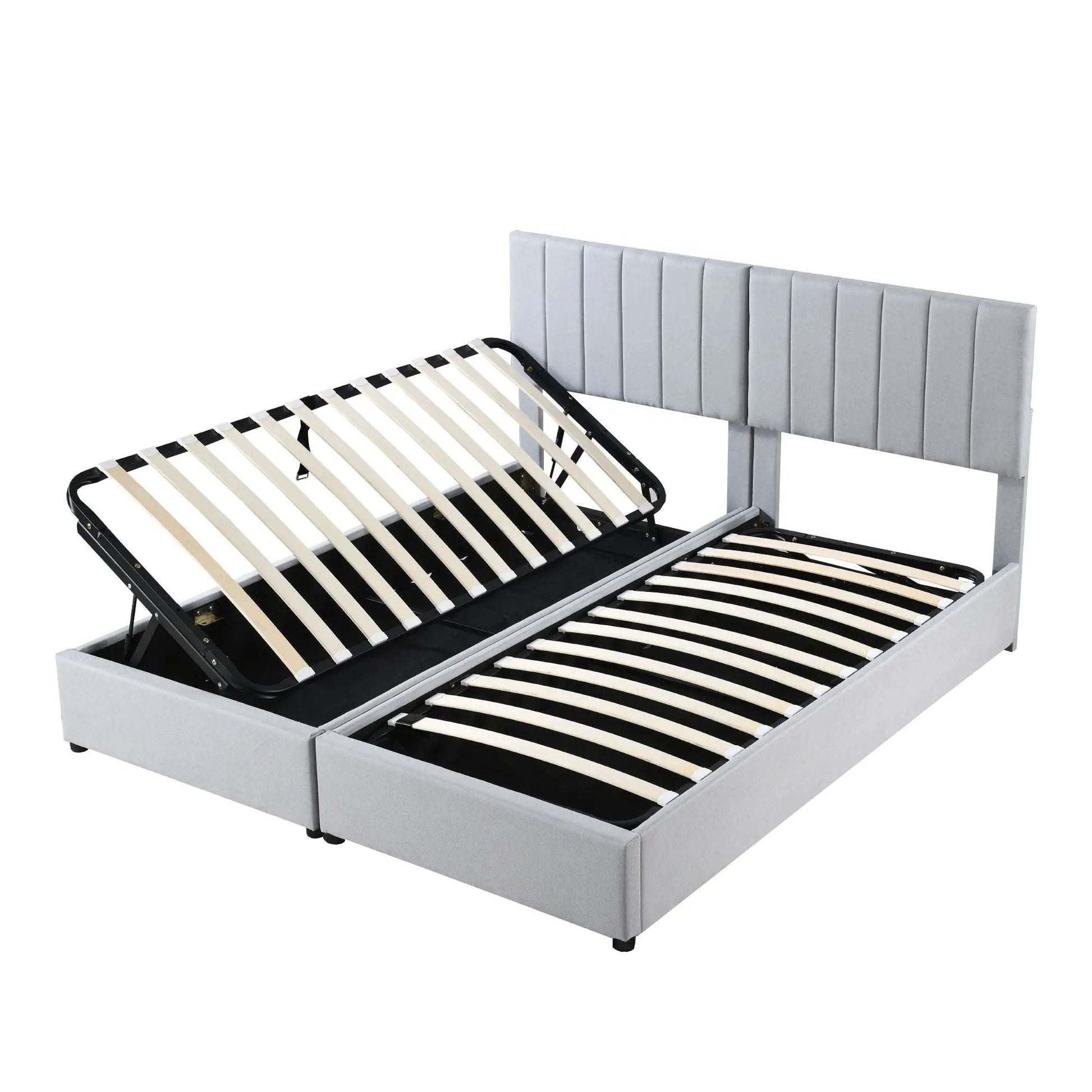 Upholstered platform storage bed with hydraulic lift, light gray headboard on Tampa Home & Garden Store