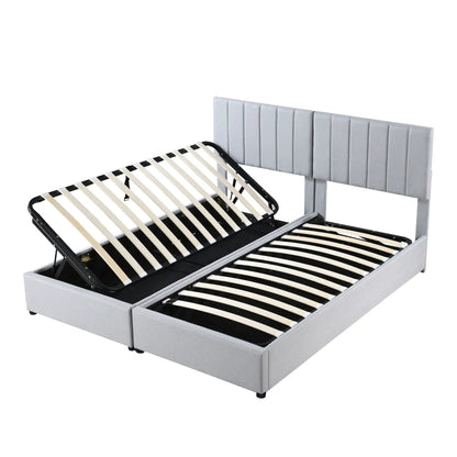 Upholstered platform storage bed with hydraulic lift, light gray headboard on Tampa Home & Garden Store