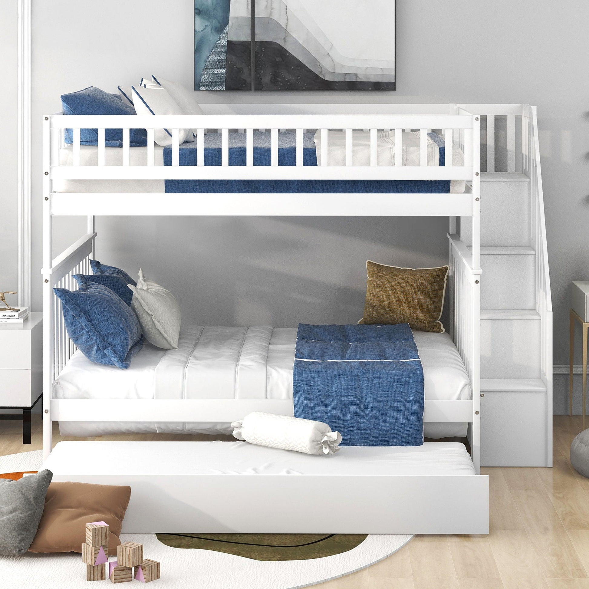 Bunk bed with staircase by HouseOfZazla, white finish and blue bedding on Tampa Home & Garden Store