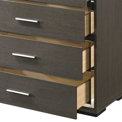 Escher Chest with five dovetail drawers in gray oak finish, dark wood grain, metal bar pulls on Tampa Home & Garden Store
