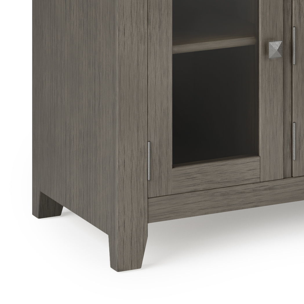 Wide handcrafted solid wood media stand with glass-front cabinet in gray wood HouseOfZazla on Tampa Home & Garden Store
