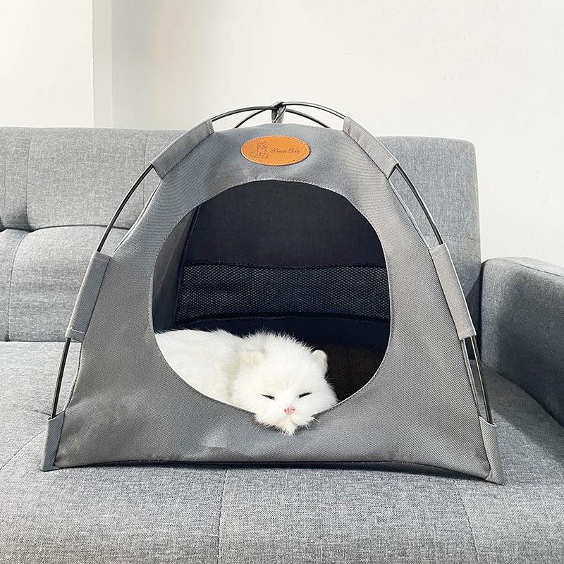 Foldable Cat Outdoor Canvas Tent gray canvas with round entrance and a white kitten inside on Tampa Home & Garden Store