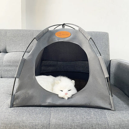 Foldable Cat Outdoor Canvas Tent gray canvas with round entrance and a white kitten inside on Tampa Home & Garden Store