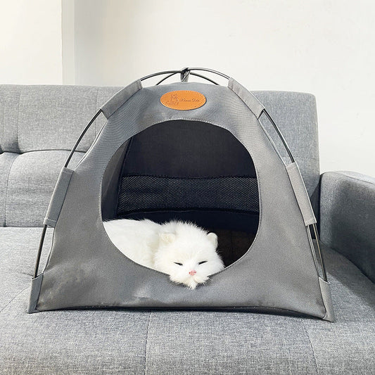 Foldable Cat Outdoor Canvas Tent gray canvas with round entrance and a white kitten inside on Tampa Home & Garden Store