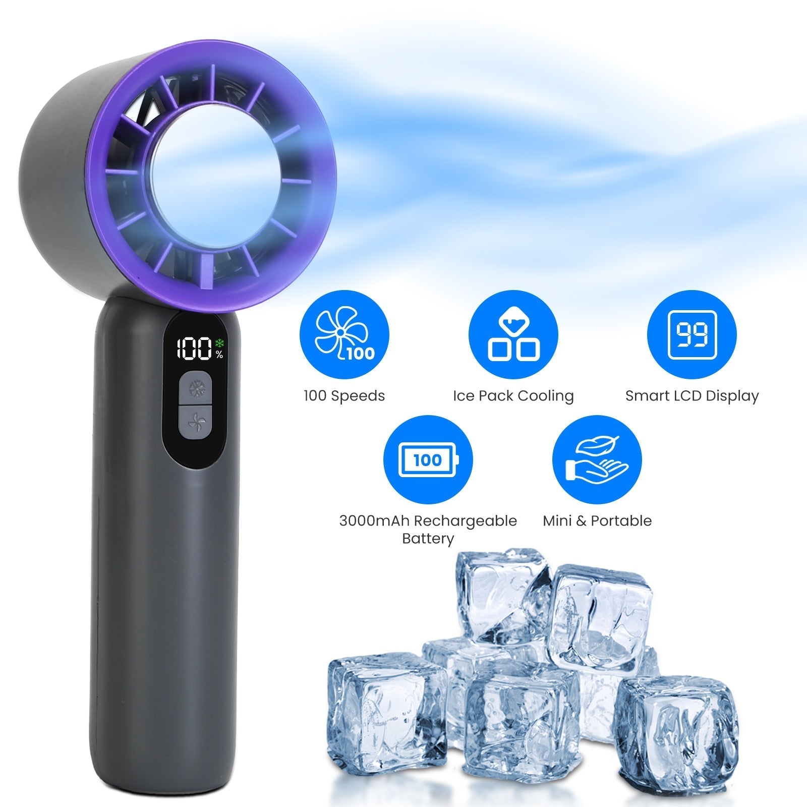 GemGear 100-speed handheld fan with purple ring, LCD display and ice pack cooling on Tampa Home & Garden Store