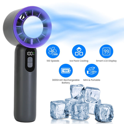 GemGear 100-speed handheld fan with purple ring, LCD display and ice pack cooling on Tampa Home & Garden Store