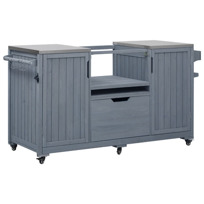 K&K 66.5-inch Outdoor Kitchen Island gray wood with stainless top, tool hooks, casters on Tampa Home & Garden Store