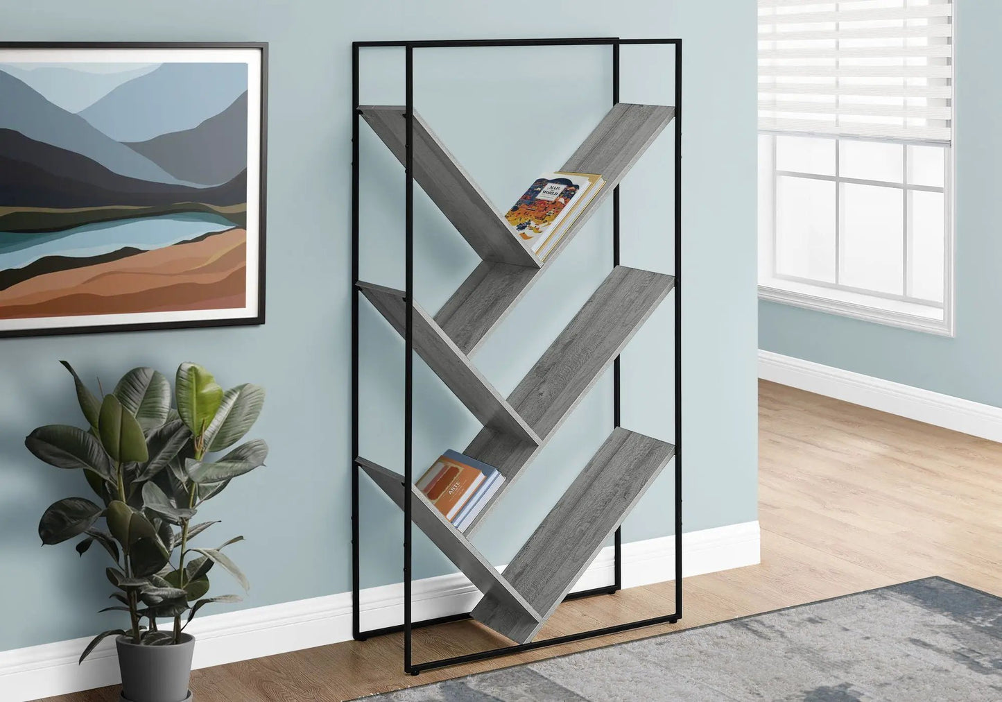Unique Piece Furniture 3-tier etagere with gray shelves and black metal frame on Tampa Home & Garden Store