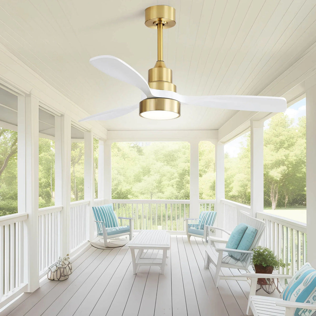 Indoor ceiling fan with dimmable LED light and 6-speed remote; white blades, brass housing on Tampa Home & Garden Store