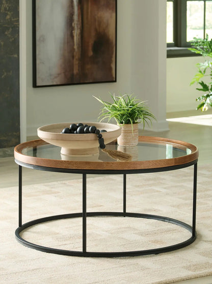 Noraluna round end table by Unique Piece Furniture with glass top, black metal legs on Tampa Home & Garden Store