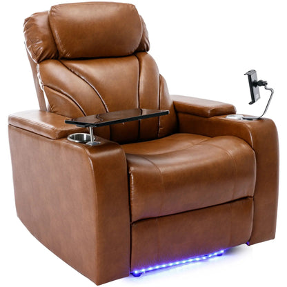 Brown leather power motion recliner with USB charging and built-in cup holder and tray table on Tampa Home & Garden Store