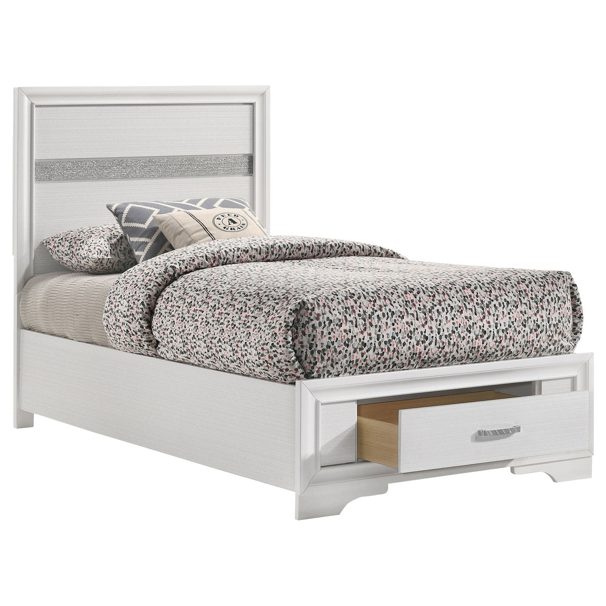 Urbana storage panel bed with white frame and gray upholstered headboard plus footboard storage on Tampa Home & Garden Store