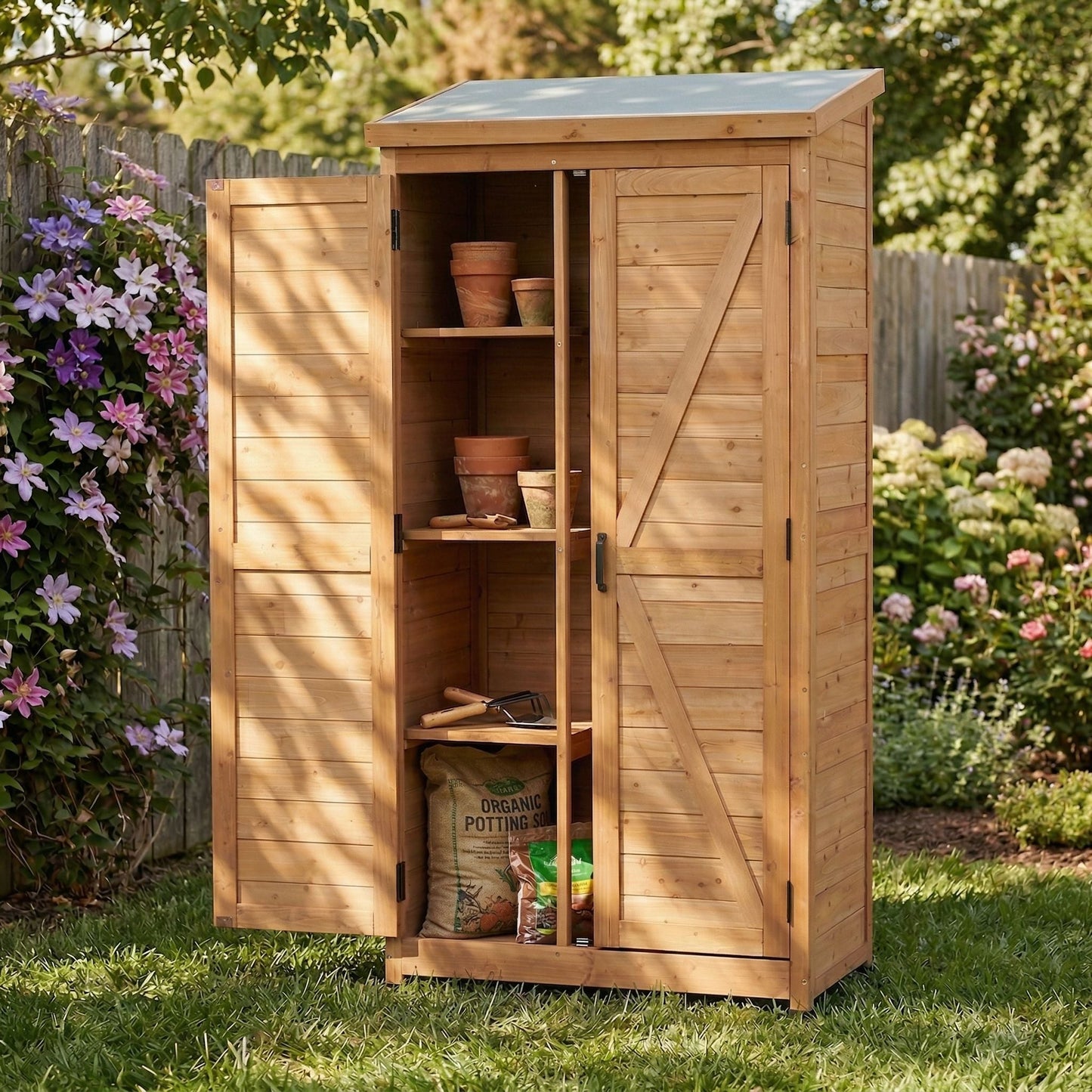 Outdoor Shed With Vertical Tool Cabinet and Shelf
