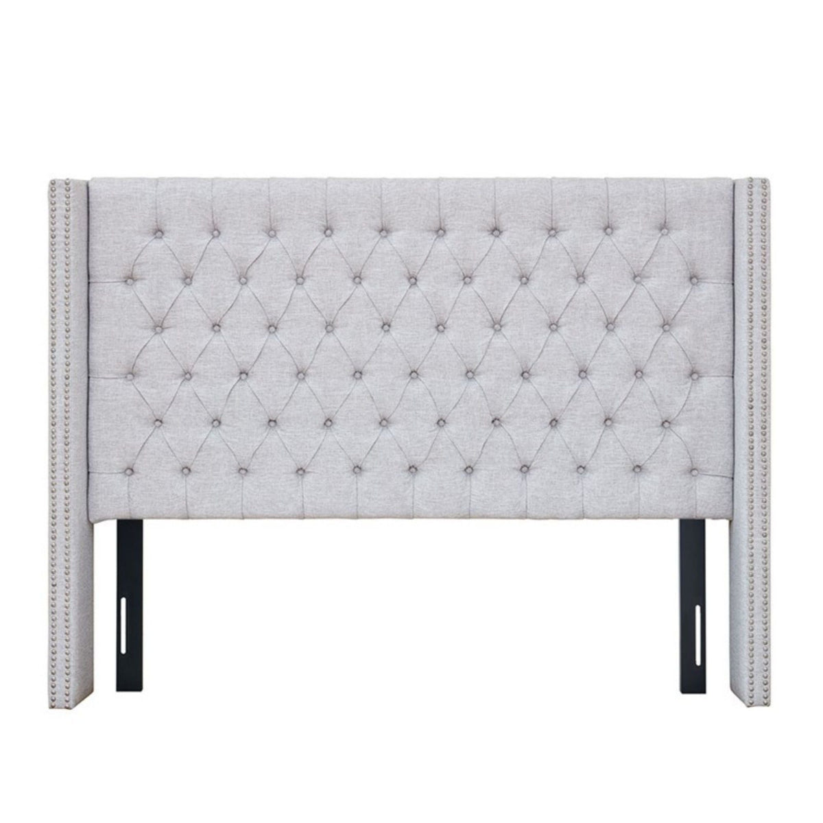 Upholstered headboard gray fabric with diamond tufting and nailhead trim, queen size on Tampa Home & Garden Store