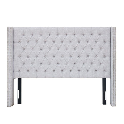 Upholstered headboard gray fabric with diamond tufting and nailhead trim, queen size on Tampa Home & Garden Store