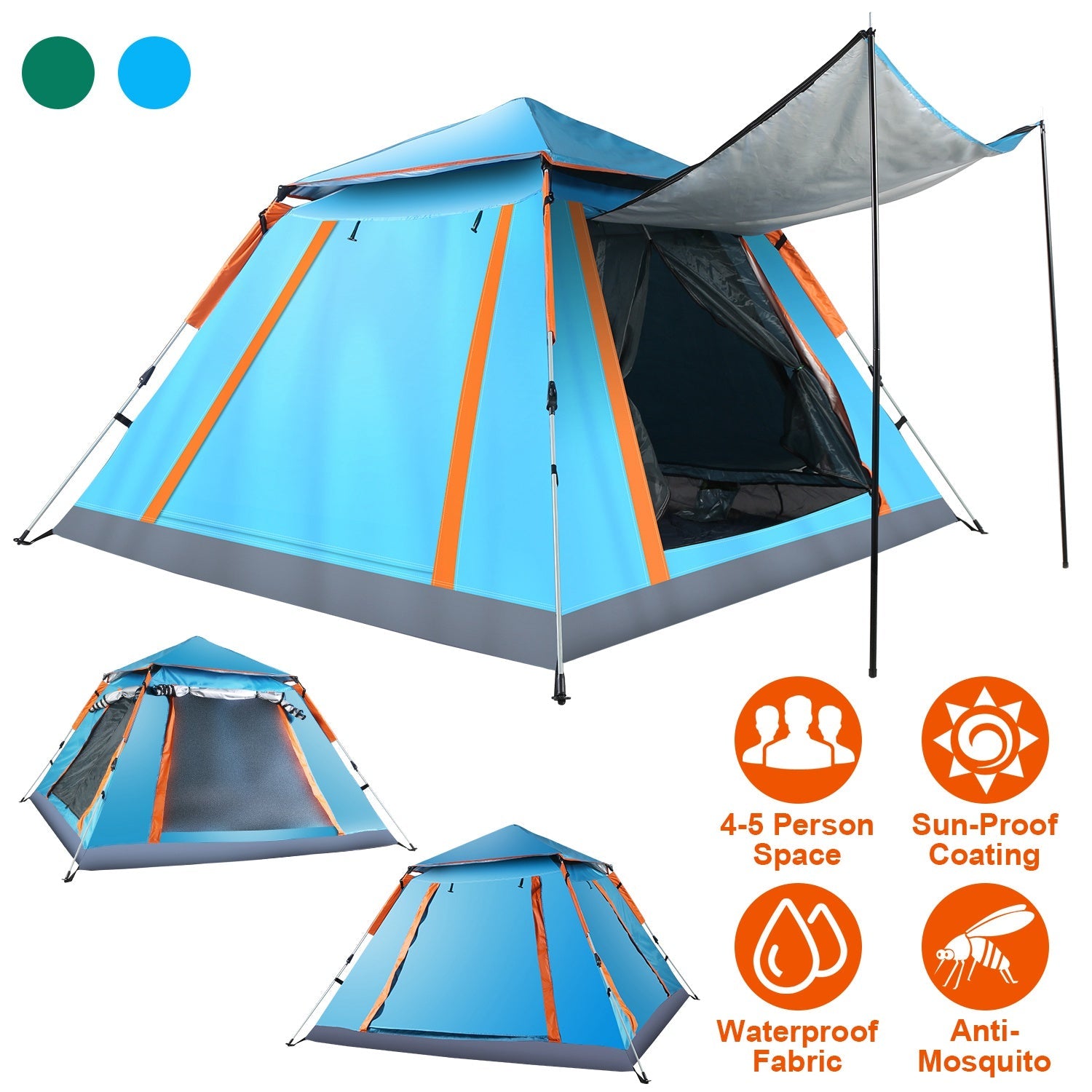GemGear 4-5 Person Camping Tent blue with orange trim, waterproof and mosquito nets on Tampa Home & Garden Store